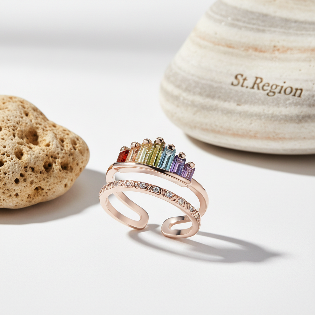 Green Multicolor Crystal & Rose Goldtone Crown Open Ring