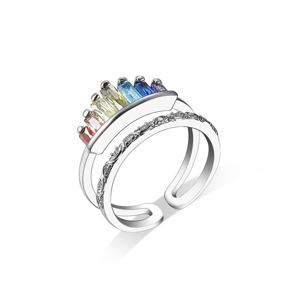 Multicolor Crystal & Silvertone Crown Open Ring