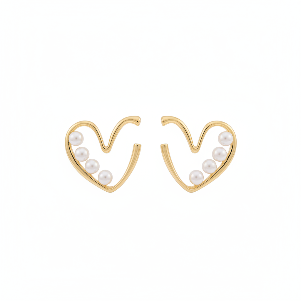 Pearl & Goldtone Open Heart Beaded Huggie Earrings