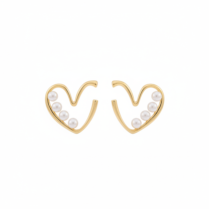 Pearl & Goldtone Open Heart Beaded Huggie Earrings