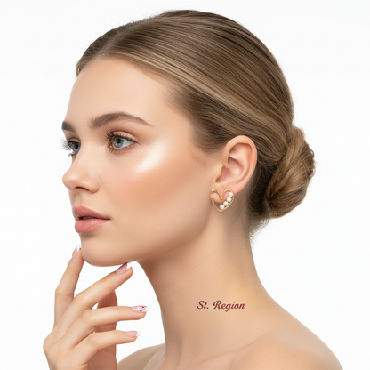 Pearl & Goldtone Open Heart Beaded Huggie Earrings