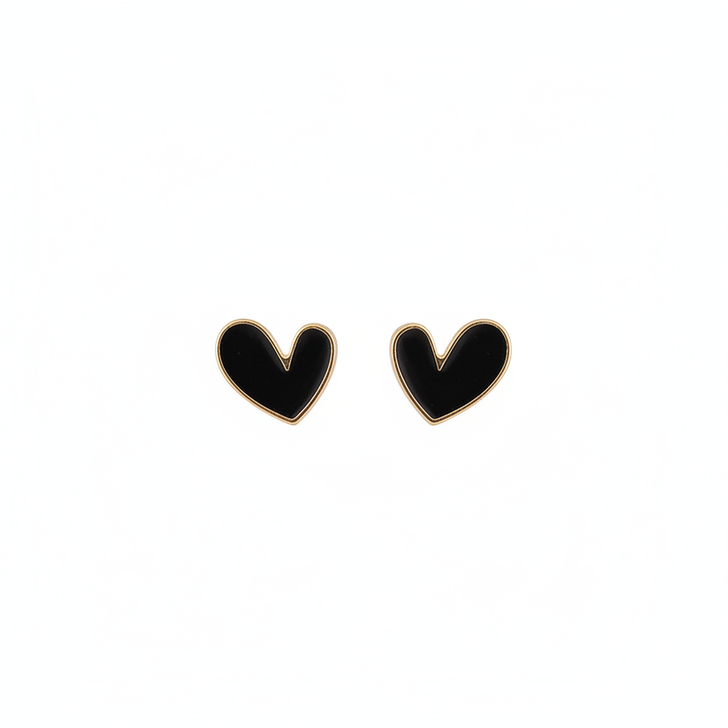 Black Enamel & Goldtone Heart Stud Earrings