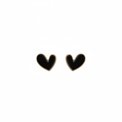Black Enamel & Goldtone Heart Stud Earrings