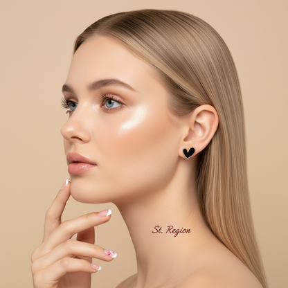 Black Enamel & Goldtone Heart Stud Earrings