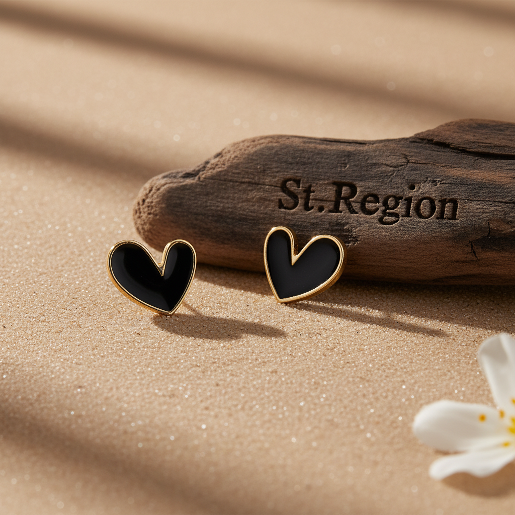 Black Enamel & Goldtone Heart Stud Earrings