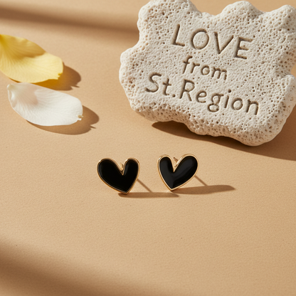 Black Enamel & Goldtone Heart Stud Earrings