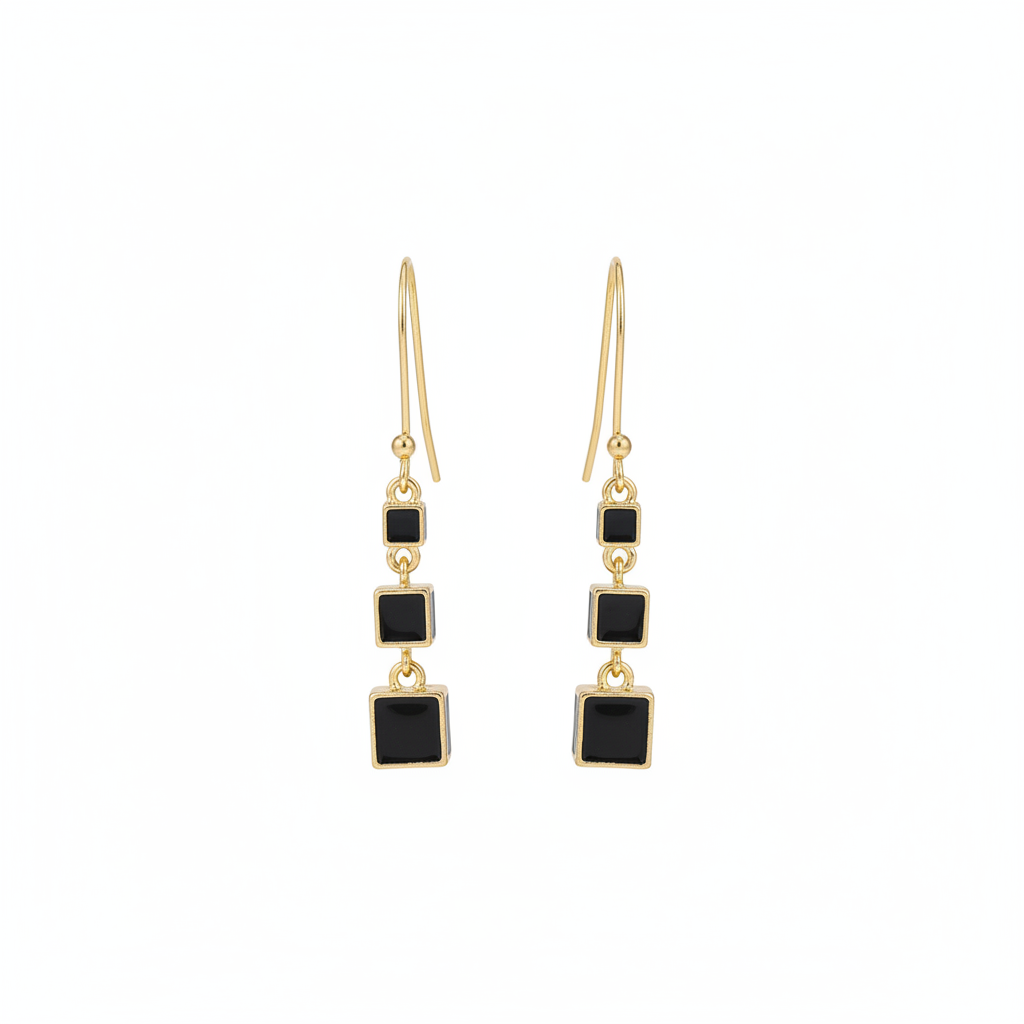 Black Enamel & Goldtone Linked Cube Drop Earrings