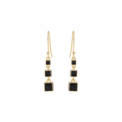 Black Enamel & Goldtone Linked Cube Drop Earrings