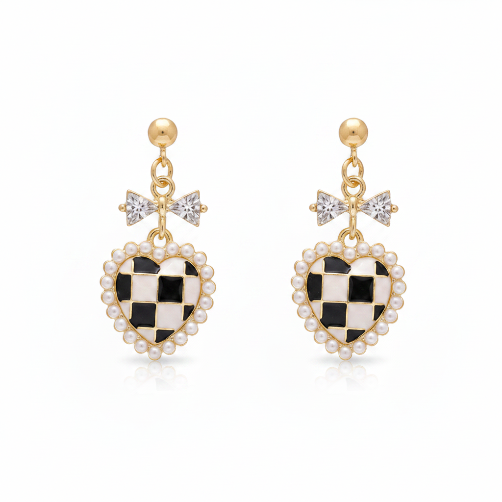 Black Enamel & Pearl Goldtone Crystal-Accent Bow Heart Drop Earrings