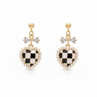 Black Enamel & Pearl Goldtone Crystal-Accent Bow Heart Drop Earrings