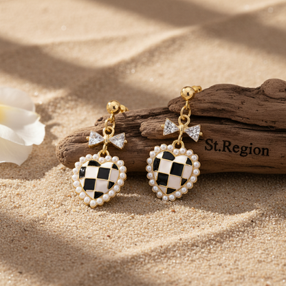 Black Enamel & Pearl Goldtone Crystal-Accent Bow Heart Drop Earrings