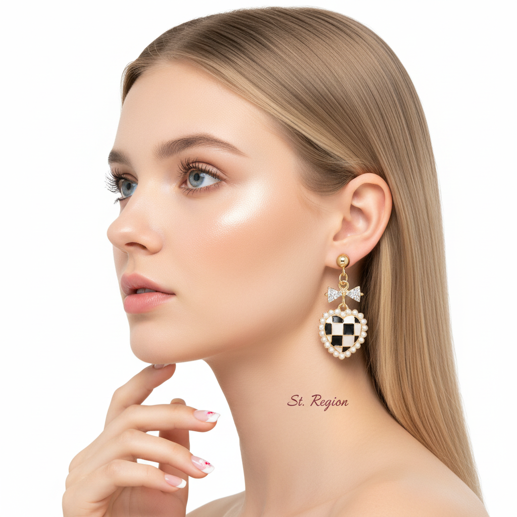 Black Enamel & Pearl Goldtone Crystal-Accent Bow Heart Drop Earrings