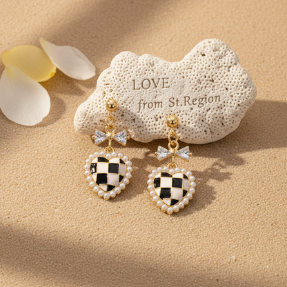 Black Enamel & Pearl Goldtone Crystal-Accent Bow Heart Drop Earrings