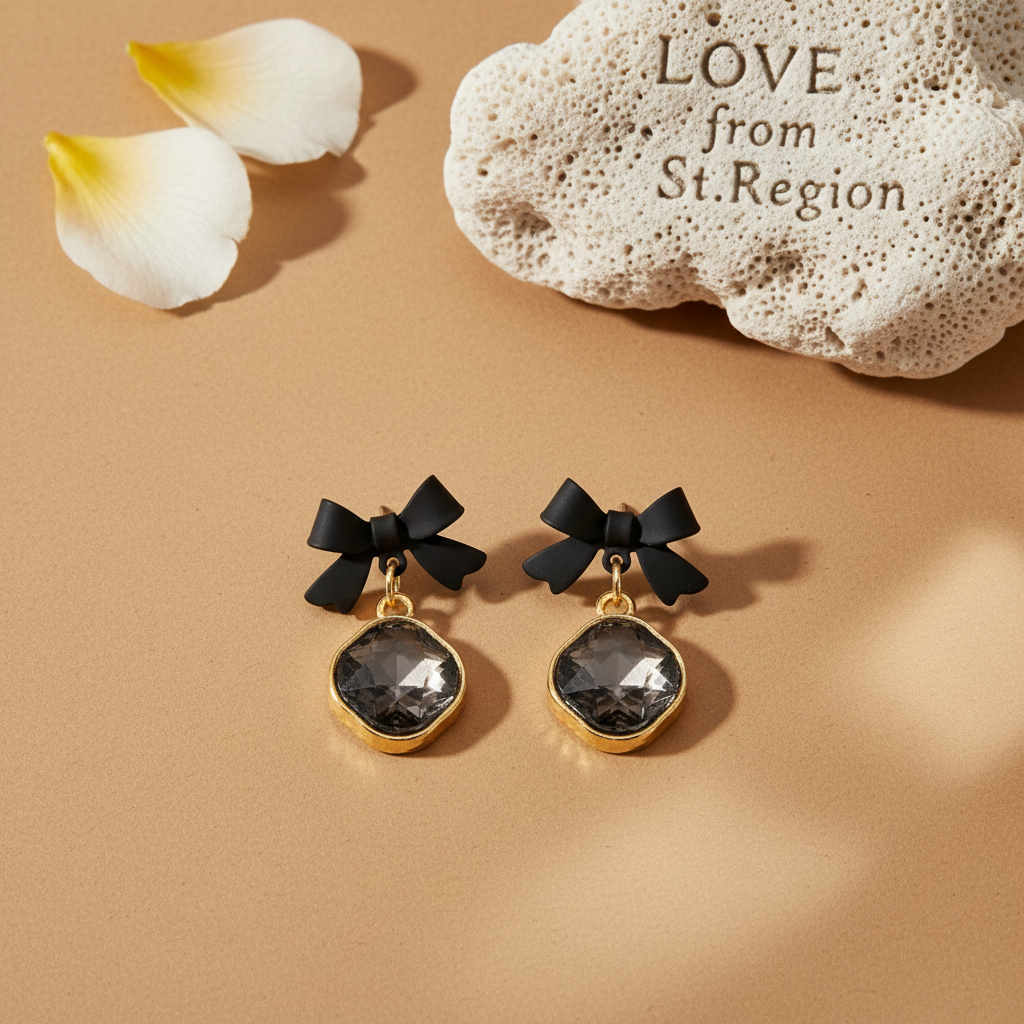 Black Crystal & Goldtone Bow Diamond Drop Earrings