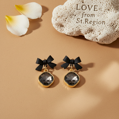 Black Crystal & Goldtone Bow Diamond Drop Earrings