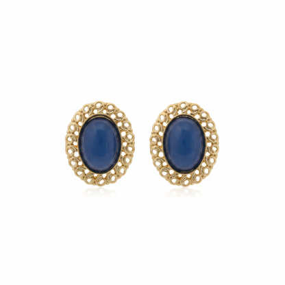 Blue & Goldtone Openwork Oval Stud Earrings