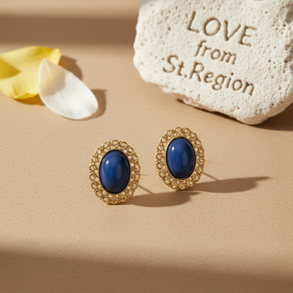Blue & Goldtone Openwork Oval Stud Earrings