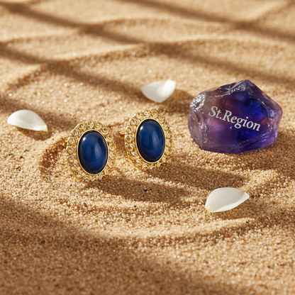 Blue & Goldtone Openwork Oval Stud Earrings