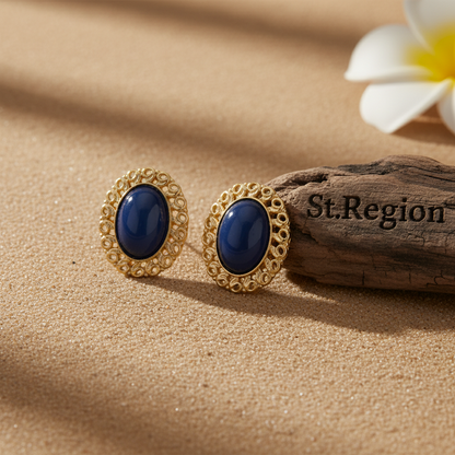 Blue & Goldtone Openwork Oval Stud Earrings