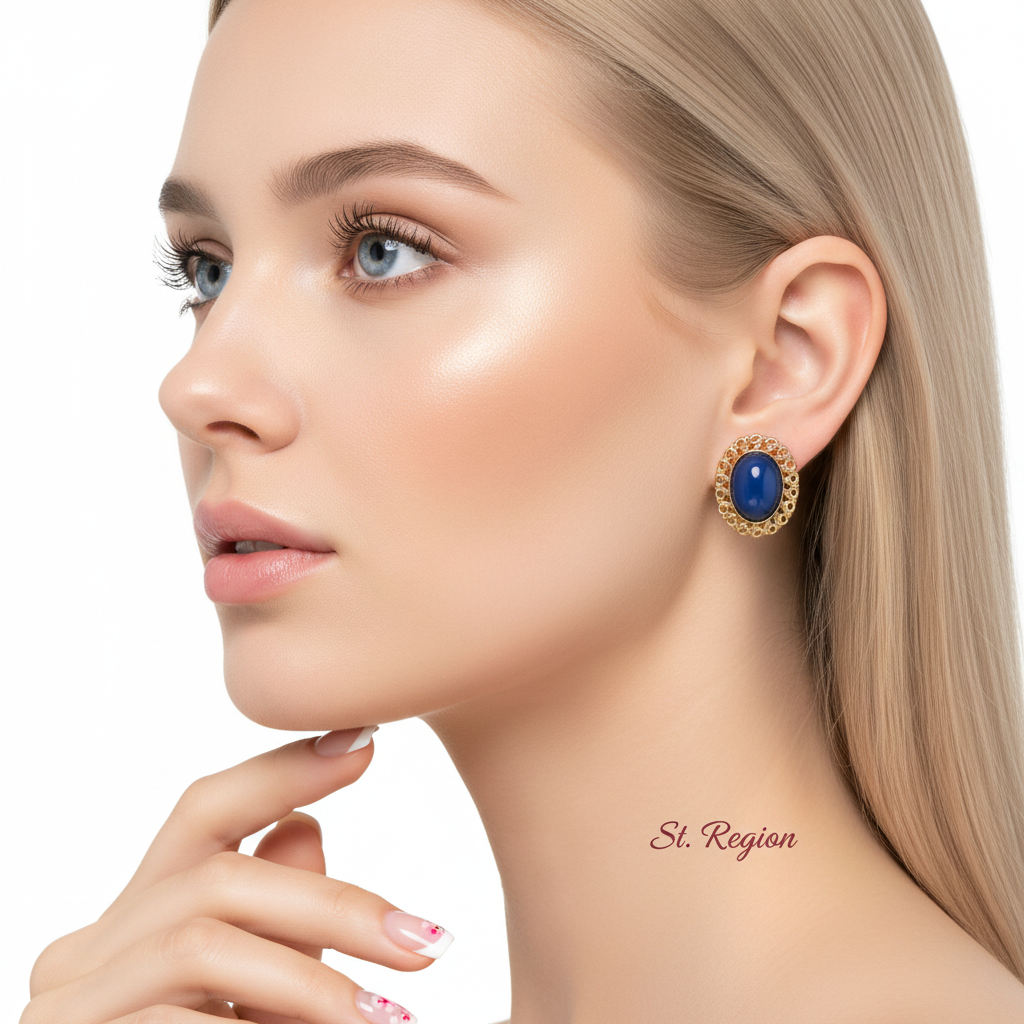Blue & Goldtone Openwork Oval Stud Earrings