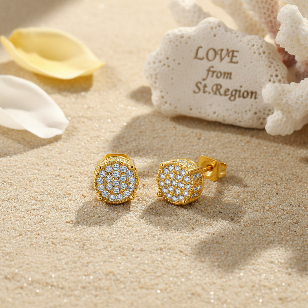 Clear Cubic Zirconia & Goldtone Round Pavé Stud Earrings
