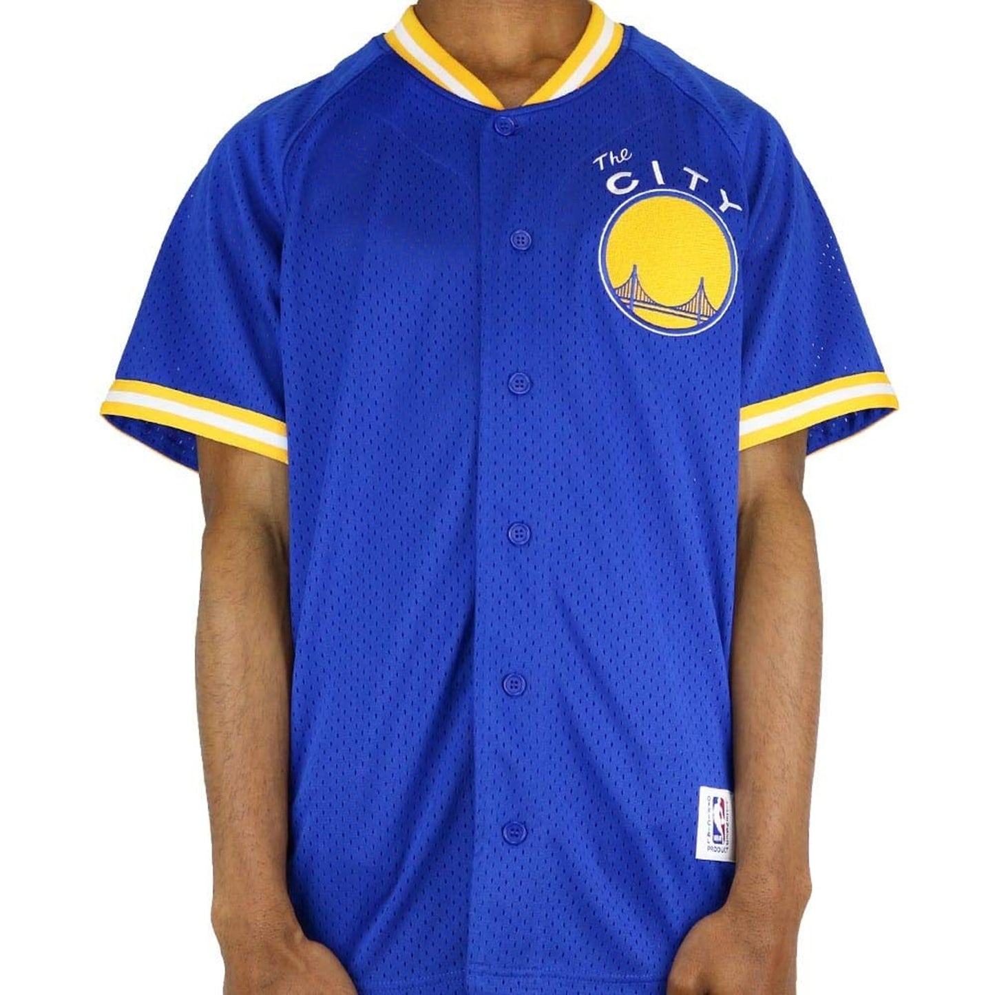 Men's Mitchell & Ness NBA Golden State Warriors Seasoned Pro Mesh Button Up