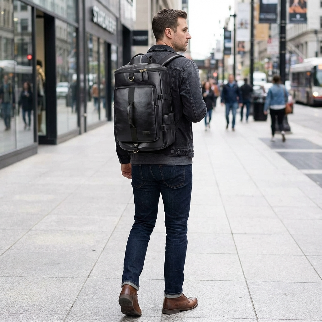 Man walking on a city street wearing a black backpack