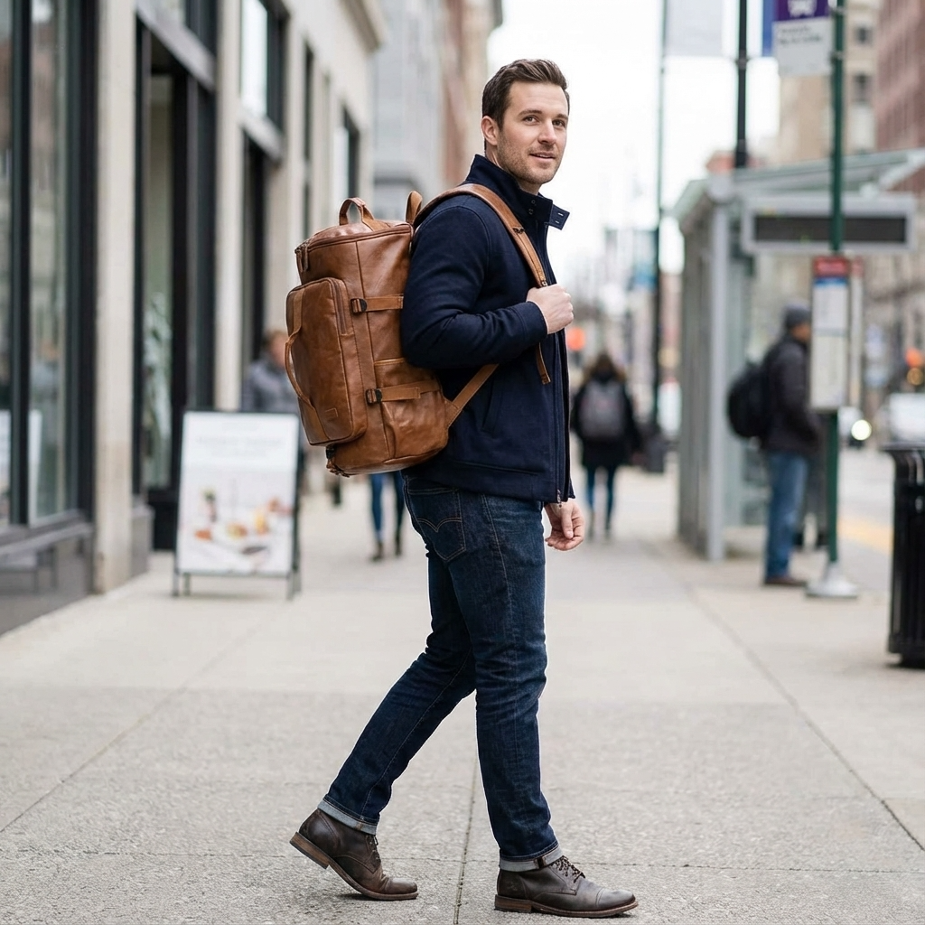Man walking on a city street with a brown leather backpack