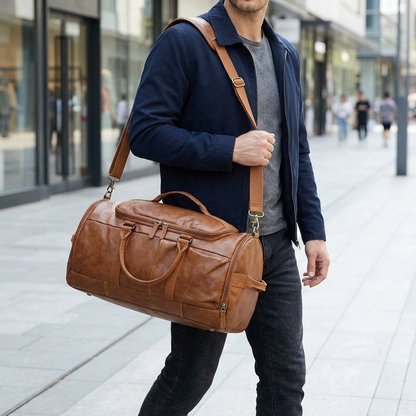 Man carrying a brown leather duffel bag on a city street