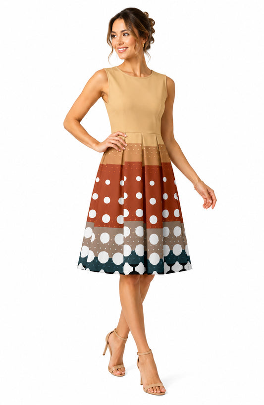 Lily by Firmiana Women’s Sleeveless Short Dress with Pleated Skirt Women’s Apparel Beige Rust Geometric Print
