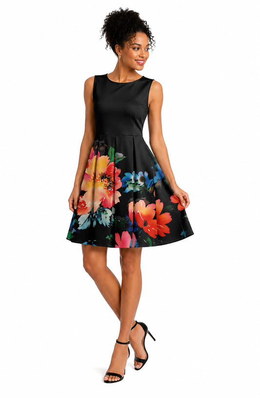 Lily by Firmiana Women’s Sleeveless Short Dress with Pleated Skirt Women’s Apparel Black Multicolor Floral Border Print