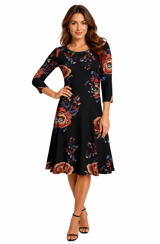 Lily by Firmiana Women’s ¾ Sleeve Fit-and-Flare Dress Black & Multicolor Floral Print