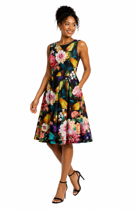 Lily by Firmiana Women’s Sleeveless Short Dress with Pleated Skirt Women’s Apparel Black Multicolor Tropical Floral Print