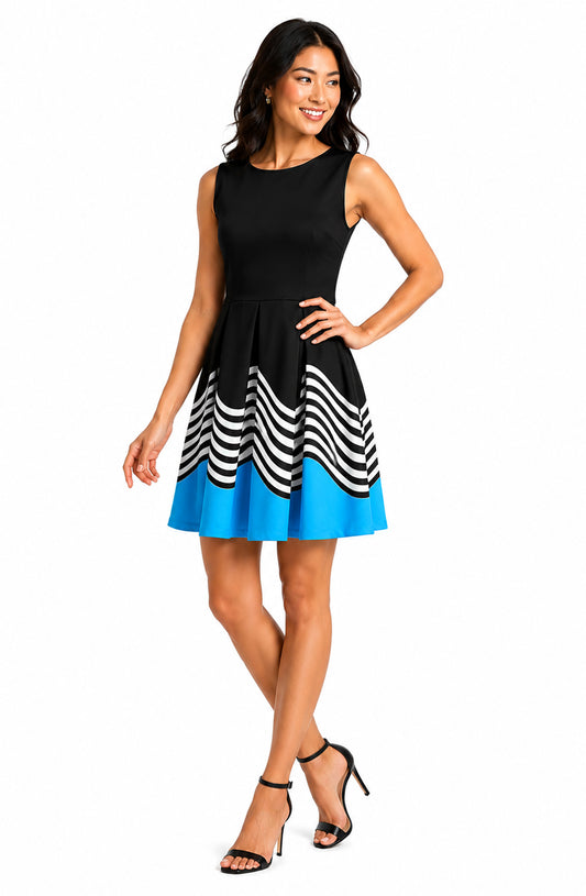 Lily by Firmiana Women’s Sleeveless Short Dress with Pleated Skirt Women’s Apparel Black Teal Wave Print