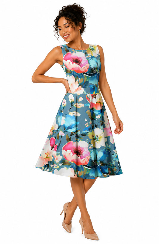 Lily by Firmiana Women's Sleeveless Dress with Pleated Skirt Blue & Pink Floral Mix
