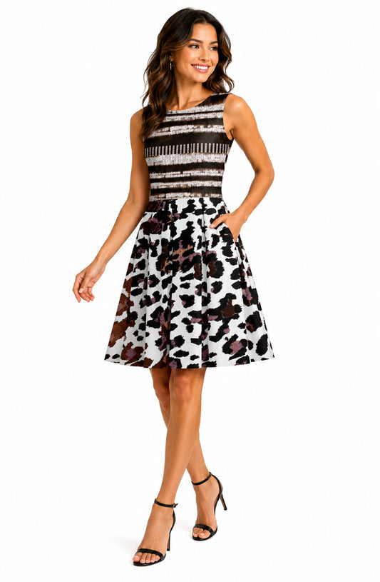 Lily by Firmiana Women’s Sleeveless Short Dress with Pleated Skirt Women’s Apparel Brown Black Animal Print