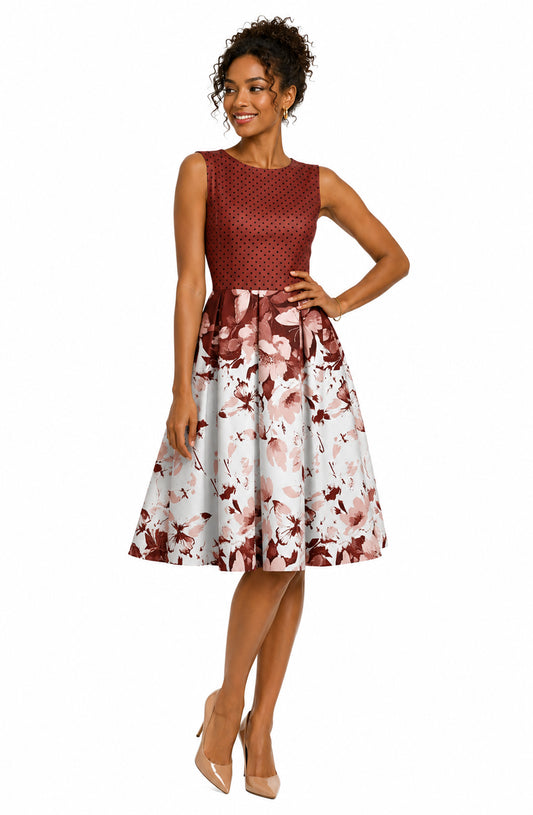 Lily by Firmiana Women's Sleeveless Dress with Pleated Skirt Burgundy & Cream
