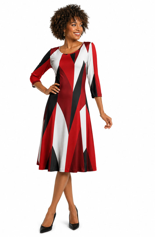Lily by Firmiana Women’s ¾ Sleeve Fit-and-Flare Dress Red, Black & White Geometric