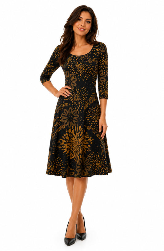 Lily by Firmiana Women’s ¾ Sleeve Fit-and-Flare Dress Gold & Black Floral Pattern