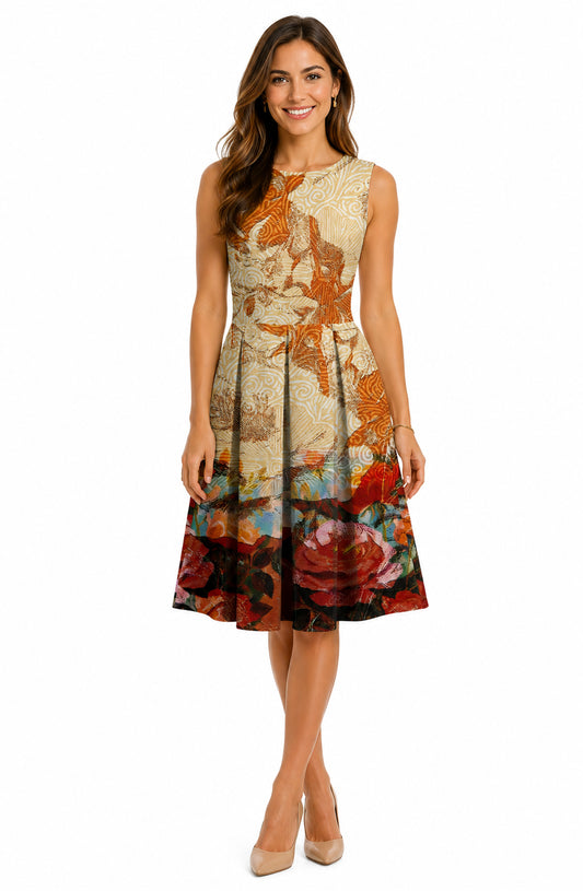 Lily by Firmiana Women's Sleeveless Dress with Pleated Skirt Orange & Blue Autumn Floral