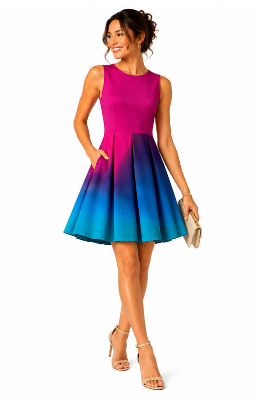 Lily by Firmiana Women’s Sleeveless Short Dress with Pleated Skirt Women’s Apparel Pink Blue Ombre Print