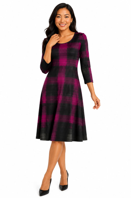 Lily by Firmiana Women’s ¾ Sleeve Fit-and-Flare Dress Purple & Black Ombre Plaid