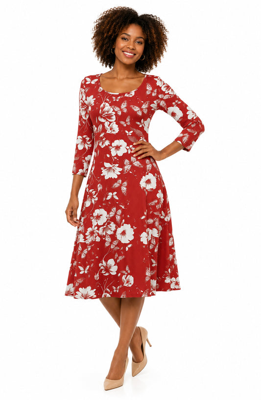 Lily by Firmiana Women’s ¾ Sleeve Fit-and-Flare Dress Red & White Floral Print
