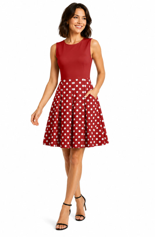 Lily by Firmiana Women’s Sleeveless Short Dress with Pleated Skirt Women’s Apparel Red White Polka Dot Print