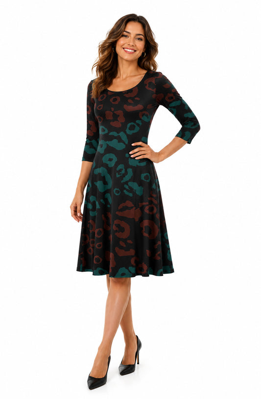 Lily by Firmiana Women’s ¾ Sleeve Fit-and-Flare Dress Teal & Brown Baroque Print