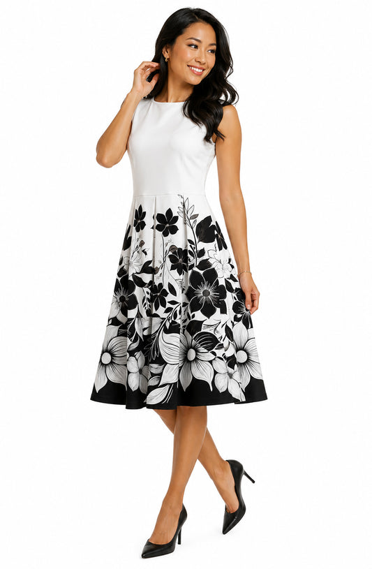 Lily by Firmiana Women's Sleeveless Dress with Pleated Skirt White & Black Floral Border
