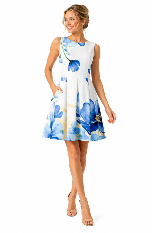 Lily by Firmiana Women’s Sleeveless Short Dress with Pleated Skirt Women’s Apparel White Blue Floral Print