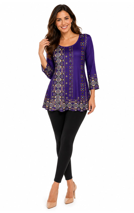 Lily by Firmiana Women's Bracelet Length Tunic with Round Neckline Purple and Black Ornamental