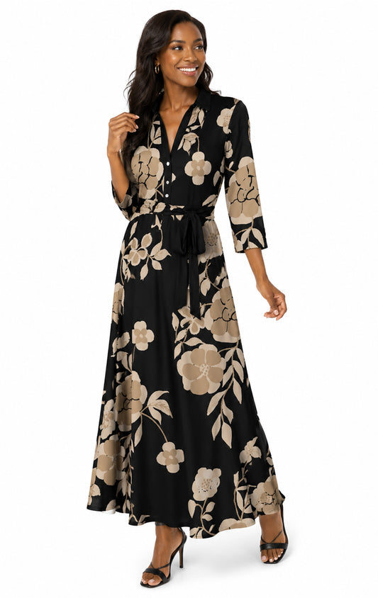 Lily by Firmiana Women's Long Sleeve Collared Maxi Dress with Tie Black & Tan