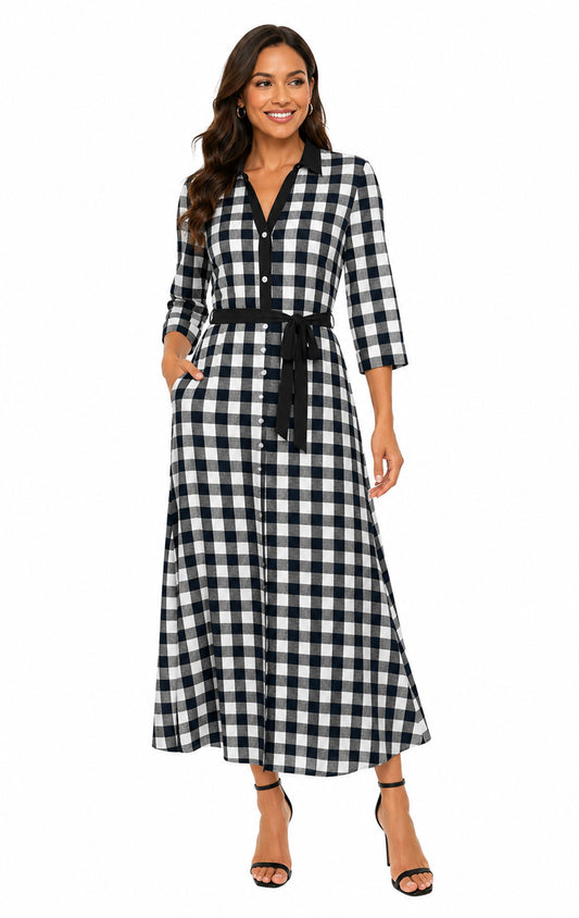 Lily by Firmiana Women's Long Sleeve Collared Maxi Dress with Tie Black & White Gingham Check